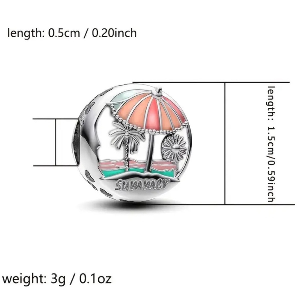 925 Sterling Silver Charm w/“Summer”engraved Under the Palm Tree & Umbrella - Picture 3 of 10